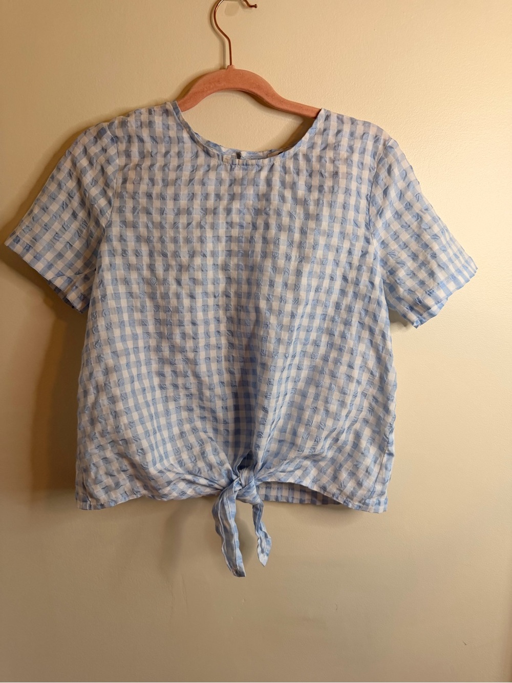 Madewell Blue & White Gingham Tie-Front Short Sleeve Top - Picture 1 of 3